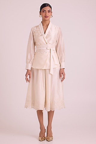 Ivory Chanderi Silk Applique Embroidered Skirt Set by MADDER MUCH