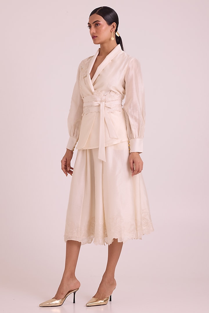 Ivory Chanderi Silk Applique Embroidered Skirt Set by MADDER MUCH at Pernia's Pop Up Shop