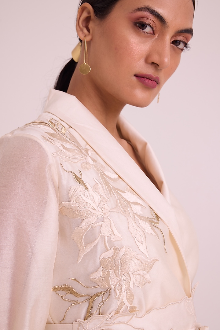Ivory Chanderi Silk Applique Embroidered Skirt Set by MADDER MUCH at Pernia's Pop Up Shop