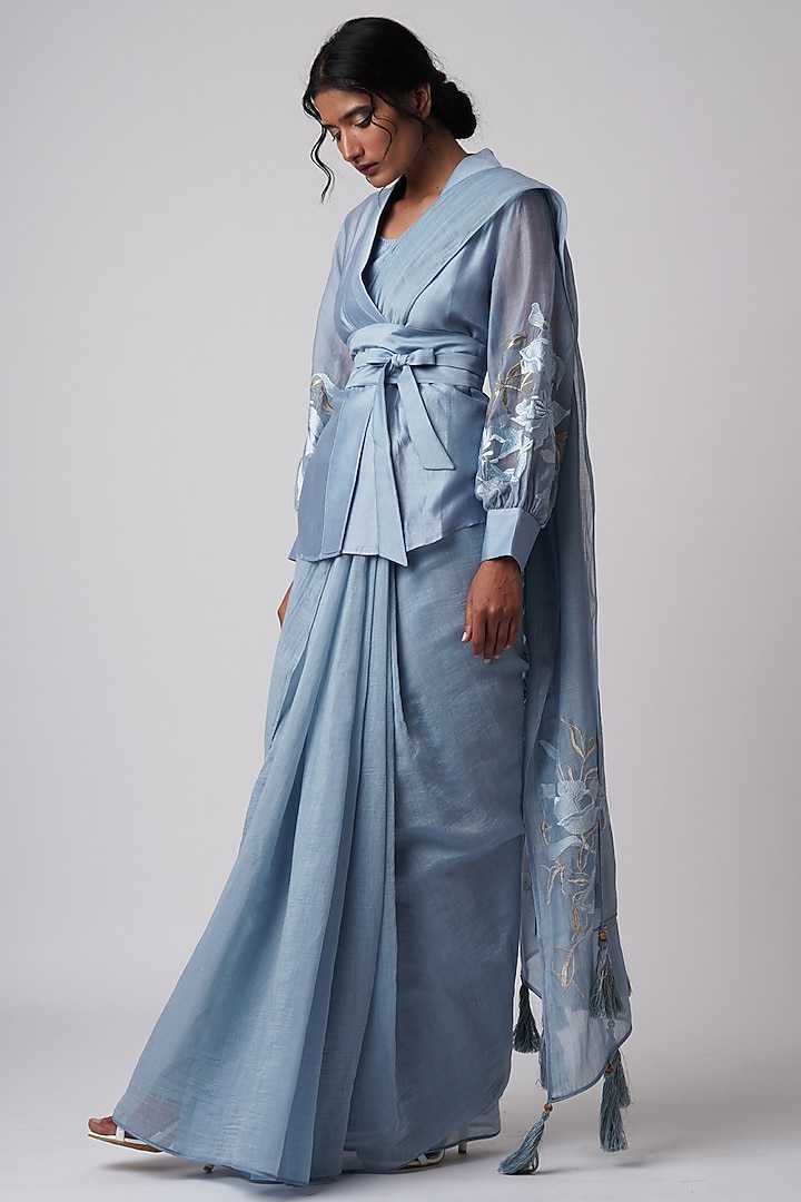 Pacific Blue Cotton Silk Party Wear Saree Set by MADDER MUCH at Pernia's Pop Up Shop