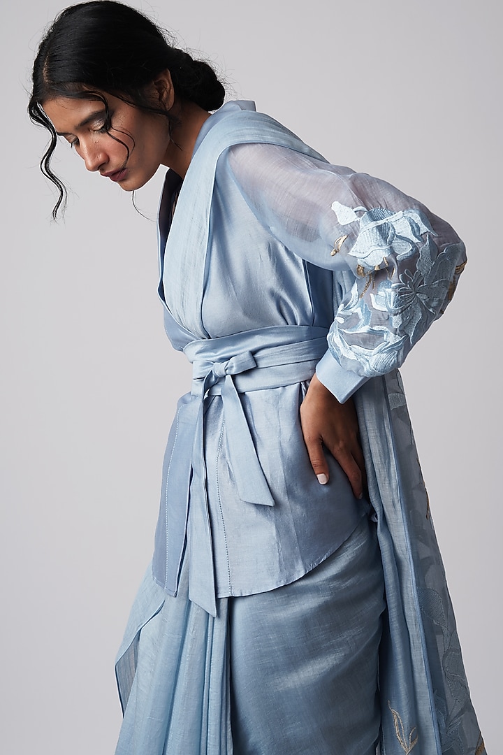 Pacific Blue Cotton Silk Party Wear Saree Set by MADDER MUCH at Pernia's Pop Up Shop