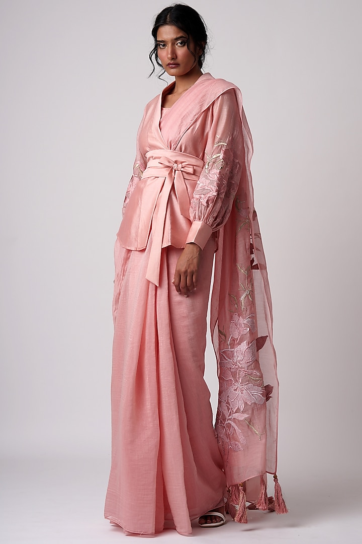 Old Rose Cotton Silk Saree Set by MADDER MUCH