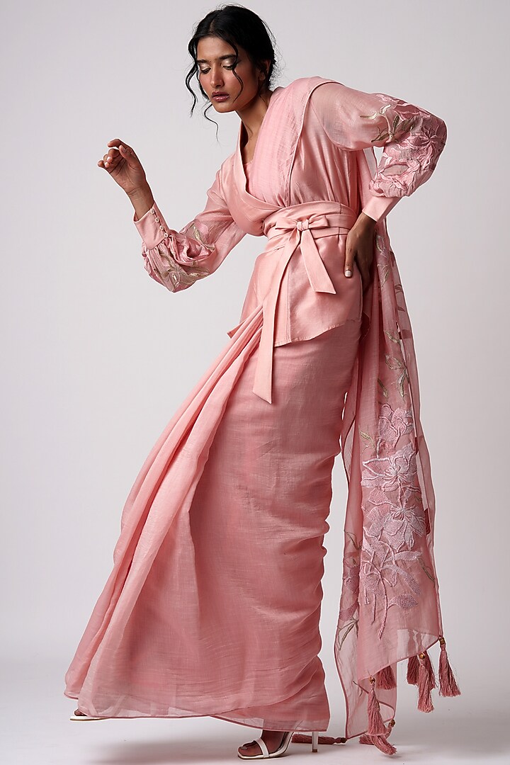 Old Rose Cotton Silk Party Wear Saree Set by MADDER MUCH at Pernia's Pop Up Shop