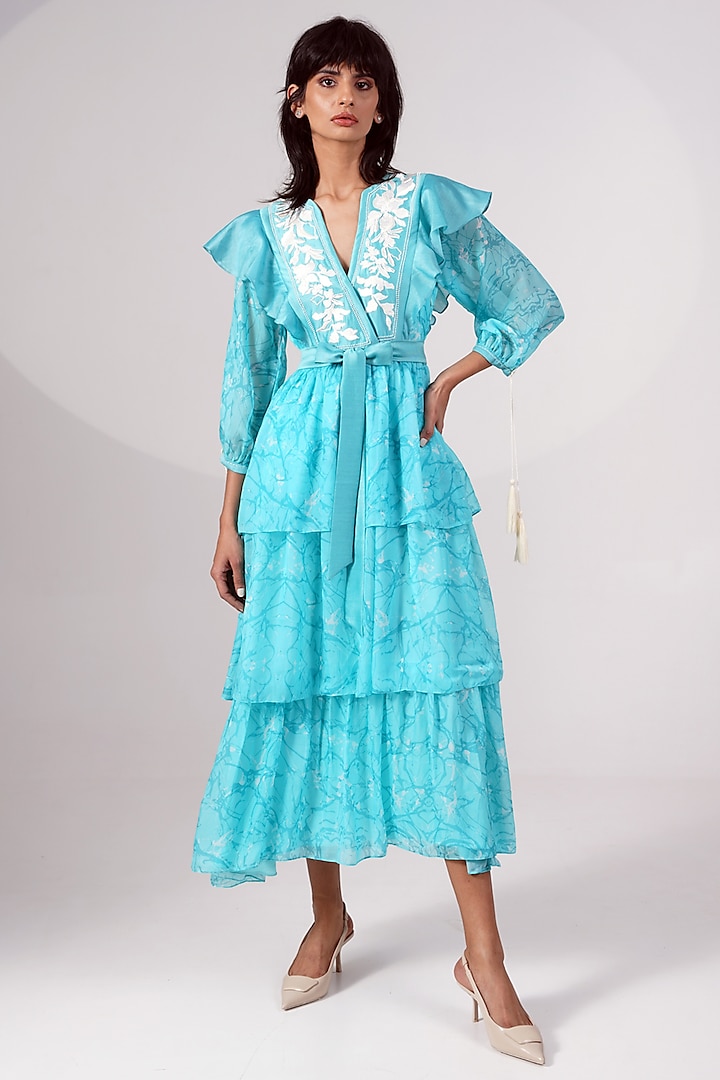 Turquoise Chiffon Printed Tiered Midi Dress by MADDER MUCH at Pernia's Pop Up Shop