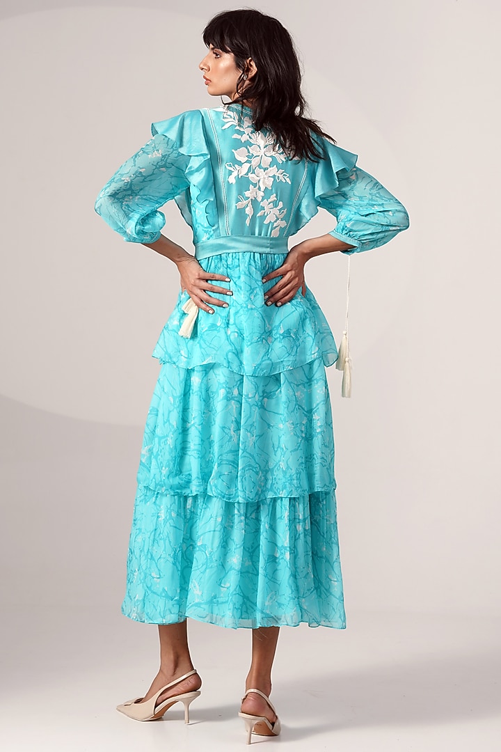 Turquoise Chiffon Printed Tiered Midi Vacation Dress by MADDER MUCH at Pernia's Pop Up Shop