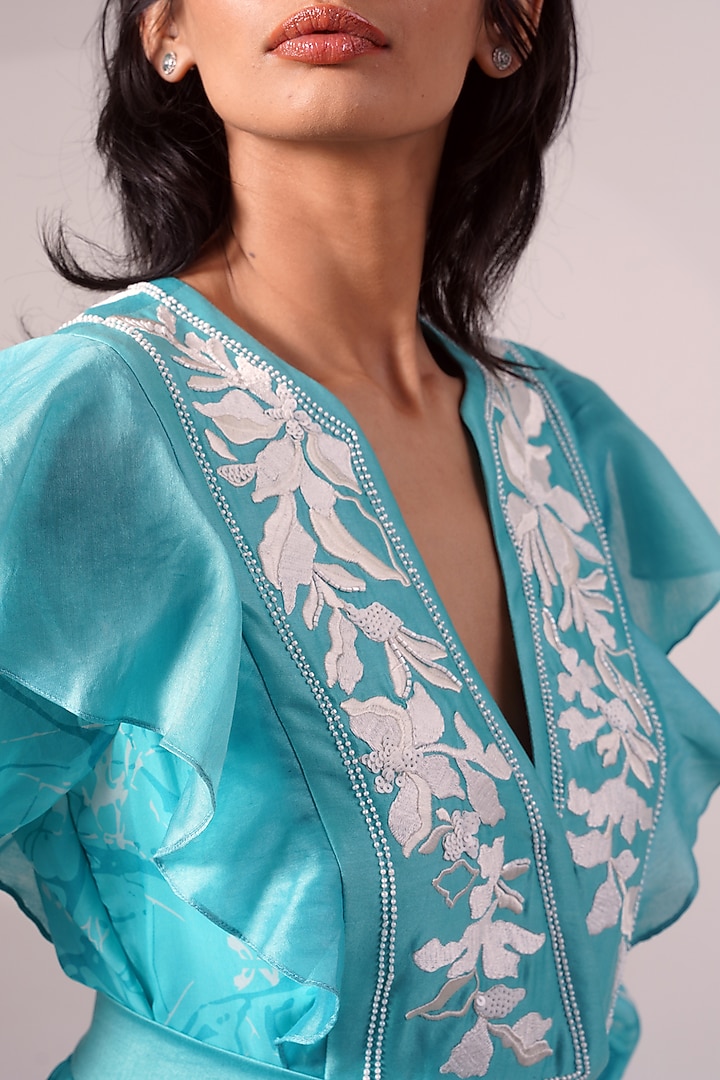 Turquoise Chiffon Printed Tiered Midi Vacation Dress by MADDER MUCH at Pernia's Pop Up Shop