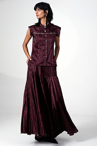 Brown Modal Satin Printed Skirt Set by MADDER MUCH