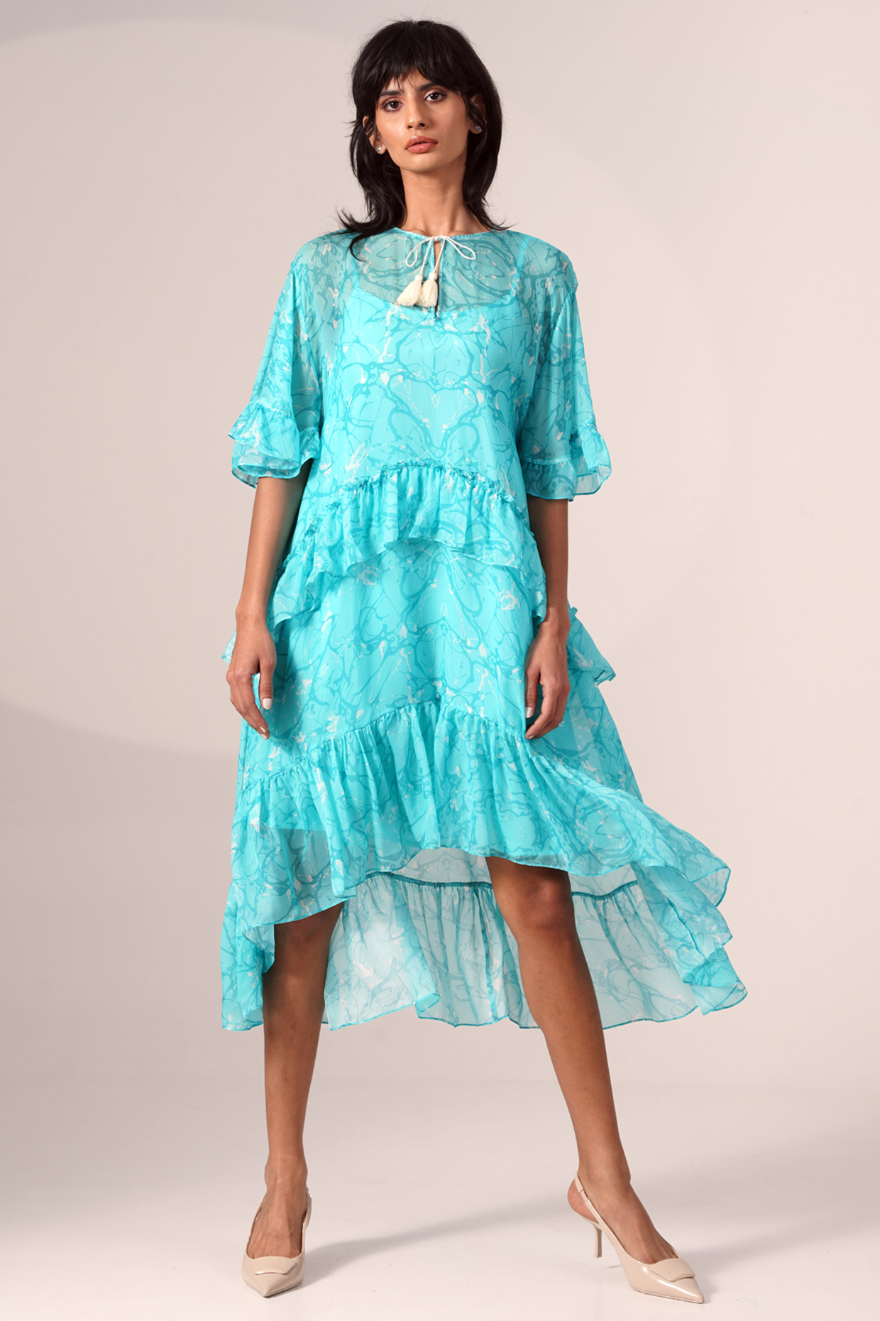 Turquoise Chiffon Printed Frilled Dress by MADDER MUCH at Pernia's Pop Up Shop