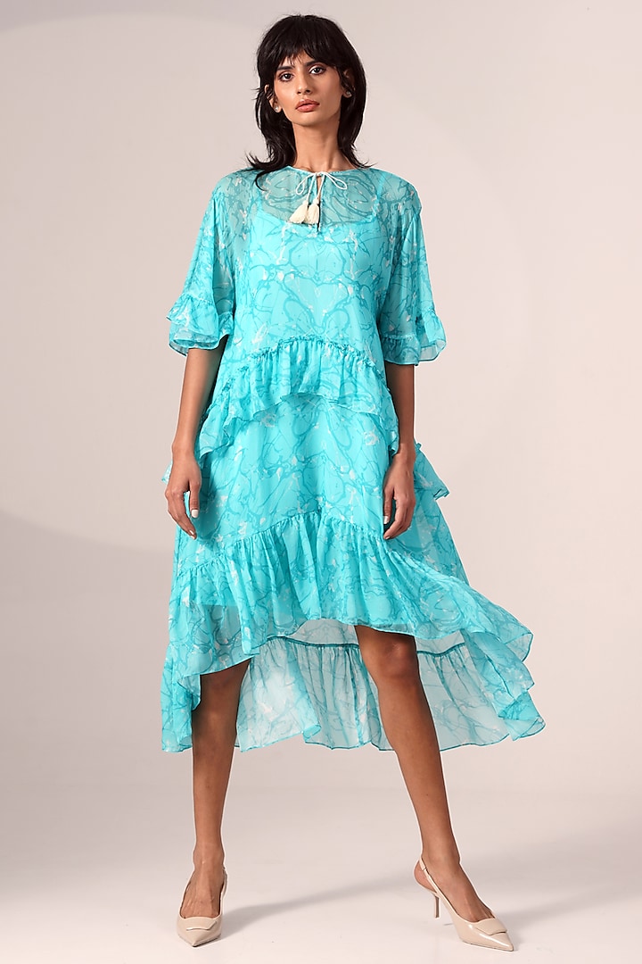 Turquoise Chiffon Printed Frilled Dress by MADDER MUCH at Pernia's Pop Up Shop