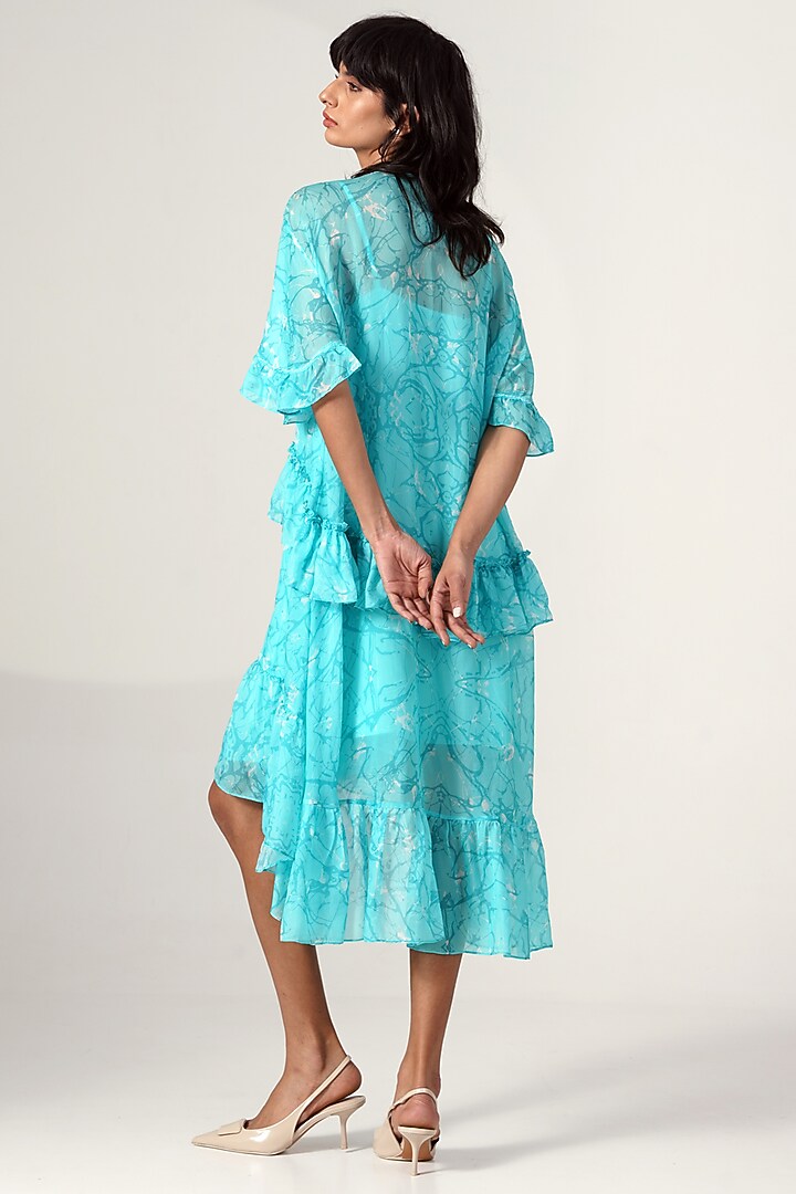 Turquoise Chiffon Printed Frilled Summer Dress by MADDER MUCH at Pernia's Pop Up Shop