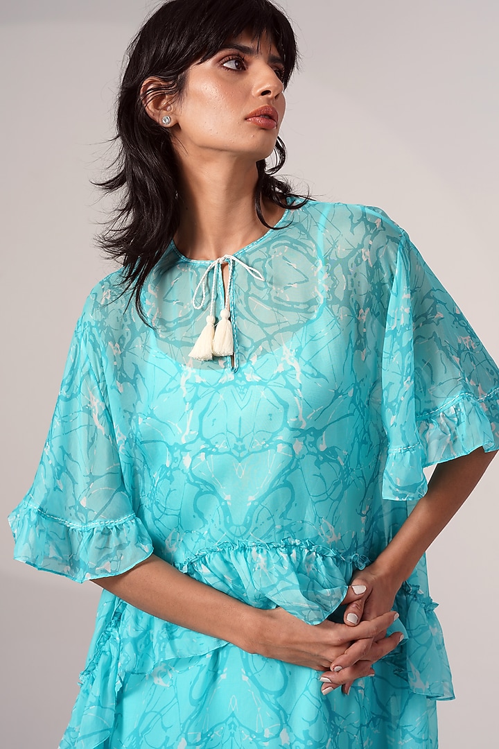 Turquoise Chiffon Printed Frilled Summer Dress by MADDER MUCH at Pernia's Pop Up Shop