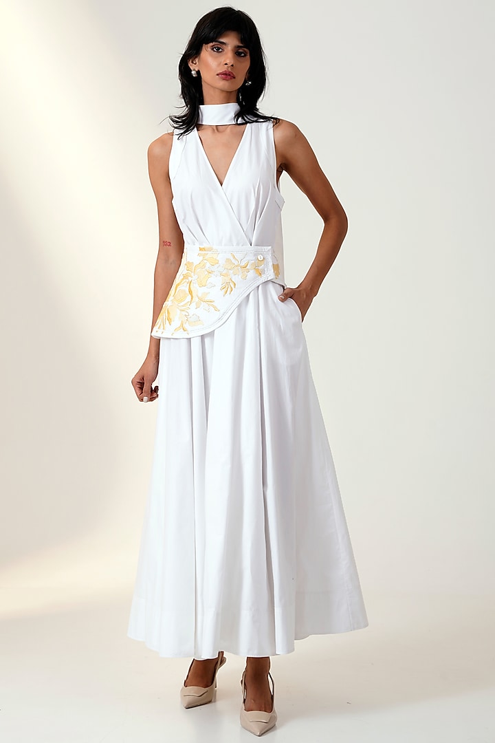 White Poplin Cotton Maxi Vacation Dress With Corset Belt by MADDER MUCH at Pernia's Pop Up Shop