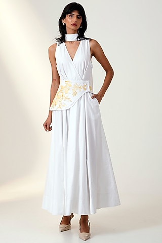 White Poplin Cotton Maxi Dress With Corset Belt by MADDER MUCH