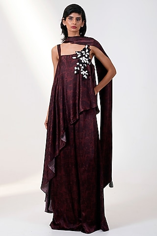 Brown Modal Satin Printed Jumpsuit With Scarf by MADDER MUCH