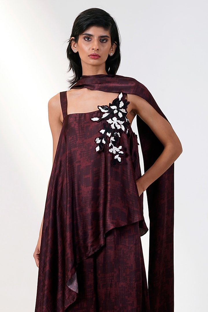 Brown Modal Satin Printed Jumpsuit With Scarf by MADDER MUCH at Pernia's Pop Up Shop