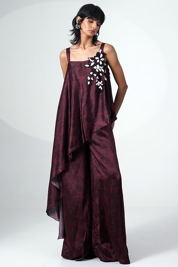 Brown Modal Satin Printed Jumpsuit With Scarf by MADDER MUCH at Pernia's Pop Up Shop
