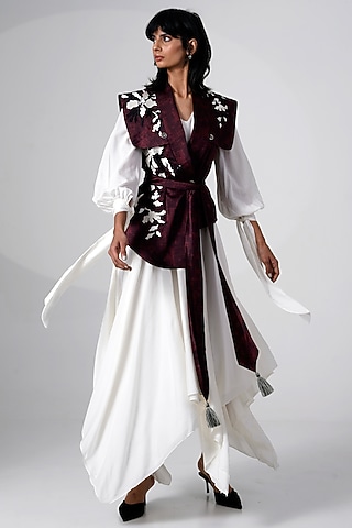 White Satin Vertex Maxi Dress With Jacket by MADDER MUCH