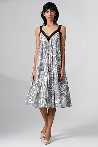Grey Chanderi Silk Printed Slip Bias Midi Dress by MADDER MUCH