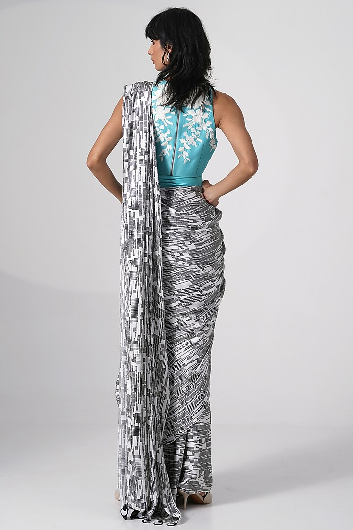 Grey Modal Satin Printed Wedding Saree Set by MADDER MUCH at Pernia's Pop Up Shop
