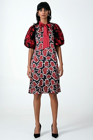 Brown Modal Satin Printed Midi Shift Dress by MADDER MUCH