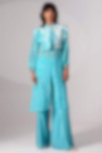 Turquoise Chiffon Printed Co-Ord Set by MADDER MUCH at Pernia's Pop Up Shop