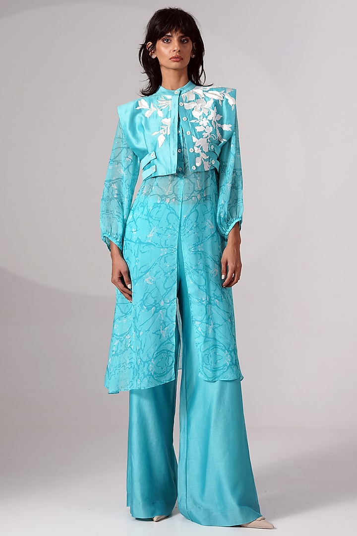 Turquoise Chiffon Printed Co-Ord Set by MADDER MUCH at Pernia's Pop Up Shop