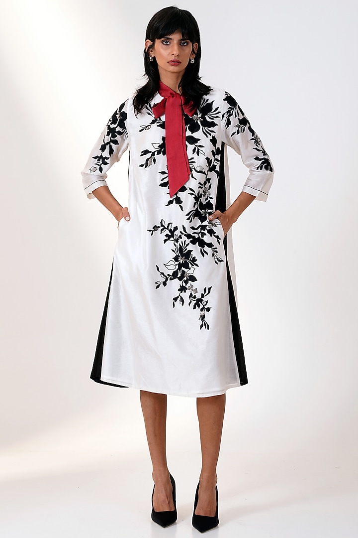 White & Black Chanderi Silk Midi Dress by MADDER MUCH at Pernia's Pop Up Shop