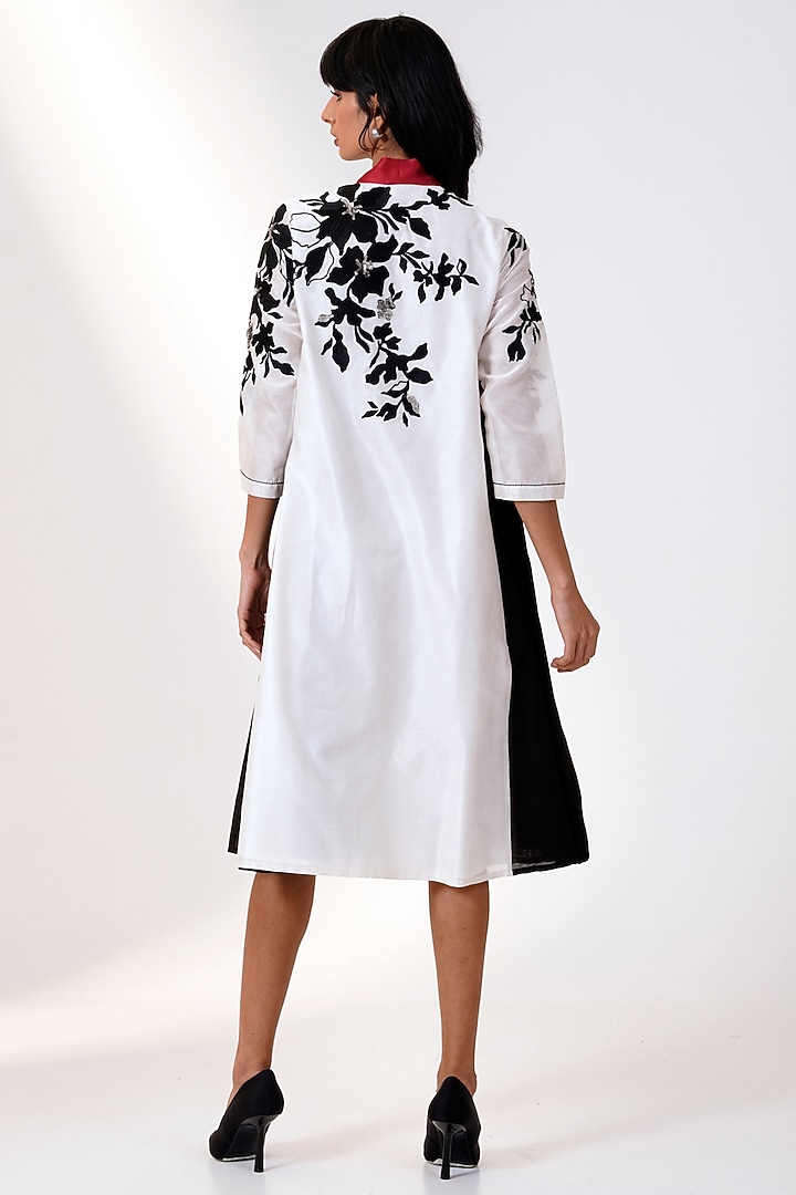 White & Black Chanderi Silk Midi Vacation Dress by MADDER MUCH at Pernia's Pop Up Shop