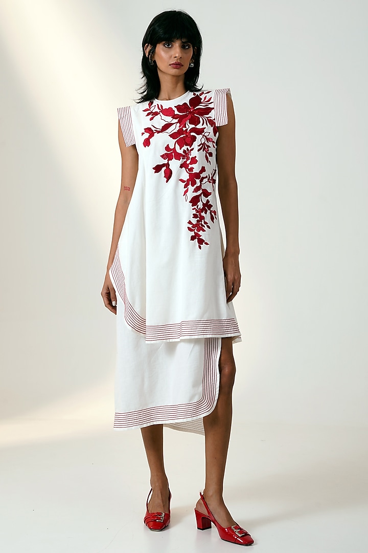 White & Red Cotton Layered Midi Dress by MADDER MUCH at Pernia's Pop Up Shop