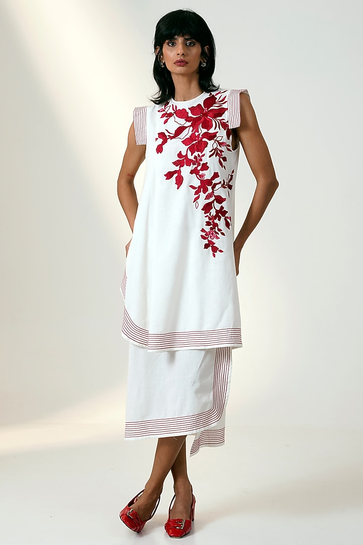 White & Red Cotton Layered Midi Summer Dress by MADDER MUCH at Pernia's Pop Up Shop