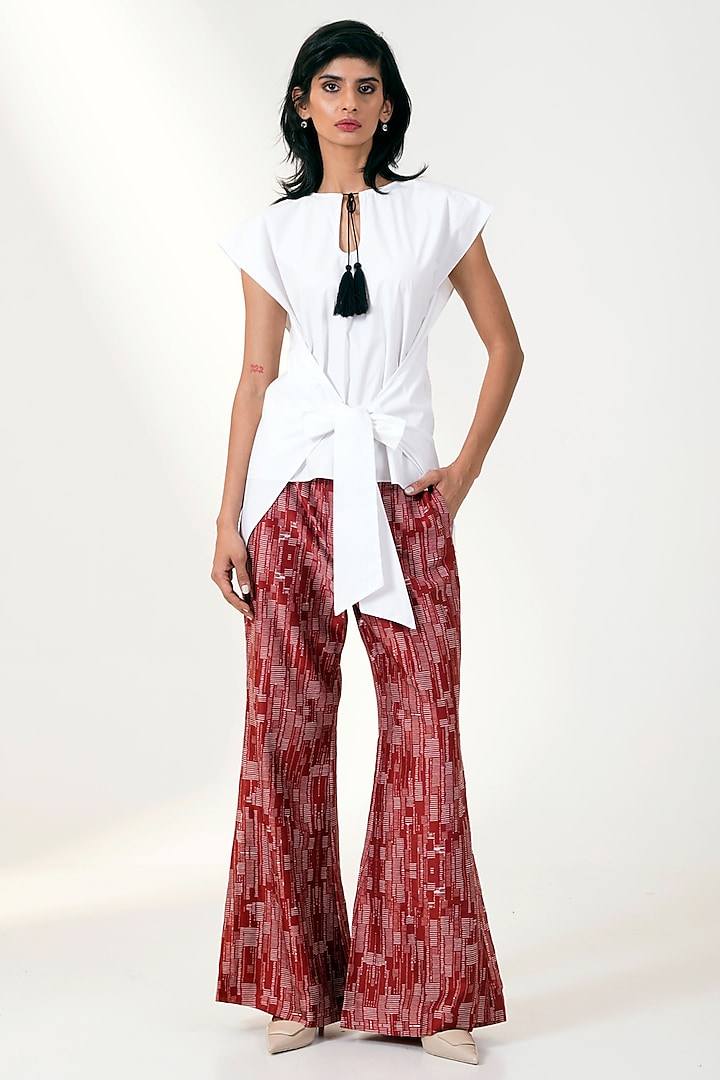 Red Chanderi Silk Printed Pant Set by MADDER MUCH at Pernia's Pop Up Shop