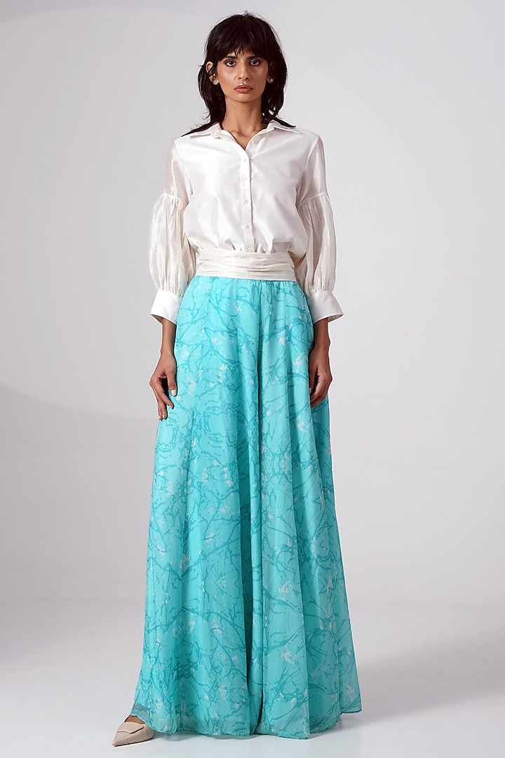 Turquoise Chiffon Printed Skirt Set by MADDER MUCH at Pernia's Pop Up Shop