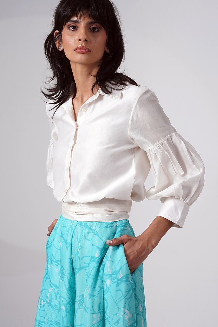 Turquoise Chiffon Printed Skirt Set by MADDER MUCH at Pernia's Pop Up Shop
