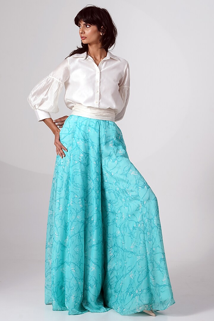 Turquoise Chiffon Printed Skirt Set by MADDER MUCH at Pernia's Pop Up Shop