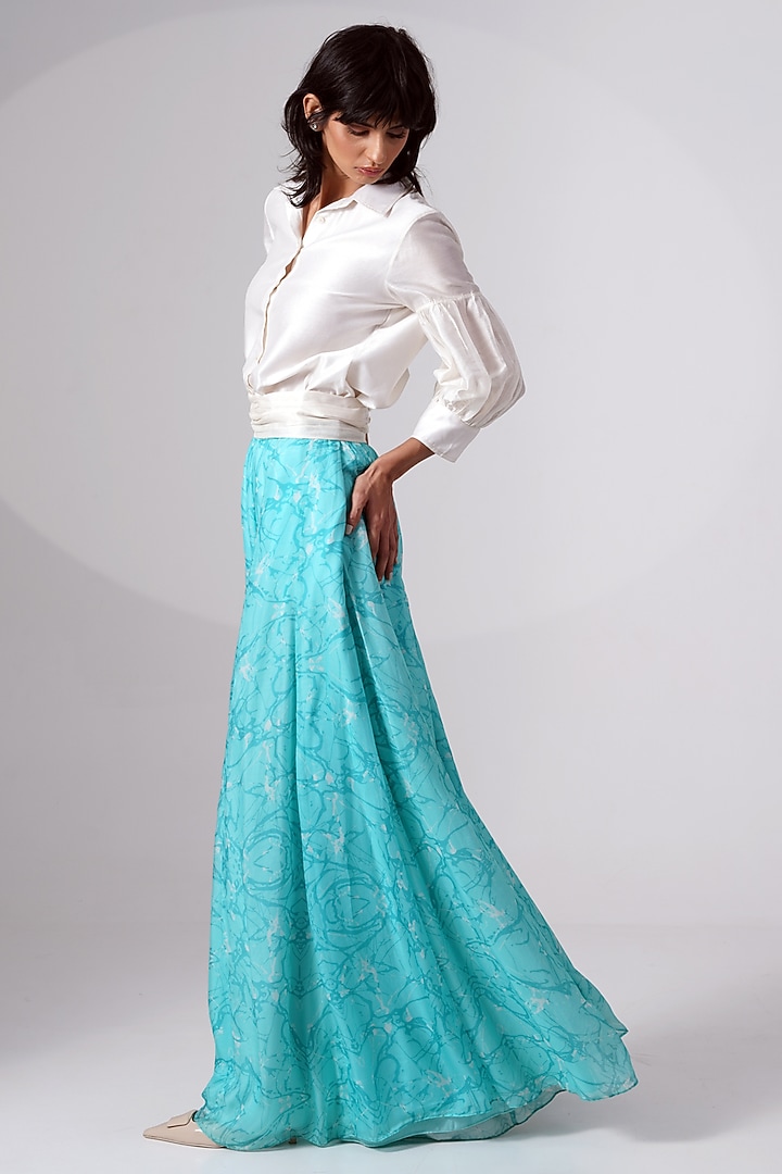 Turquoise Chiffon Printed Skirt Set by MADDER MUCH at Pernia's Pop Up Shop