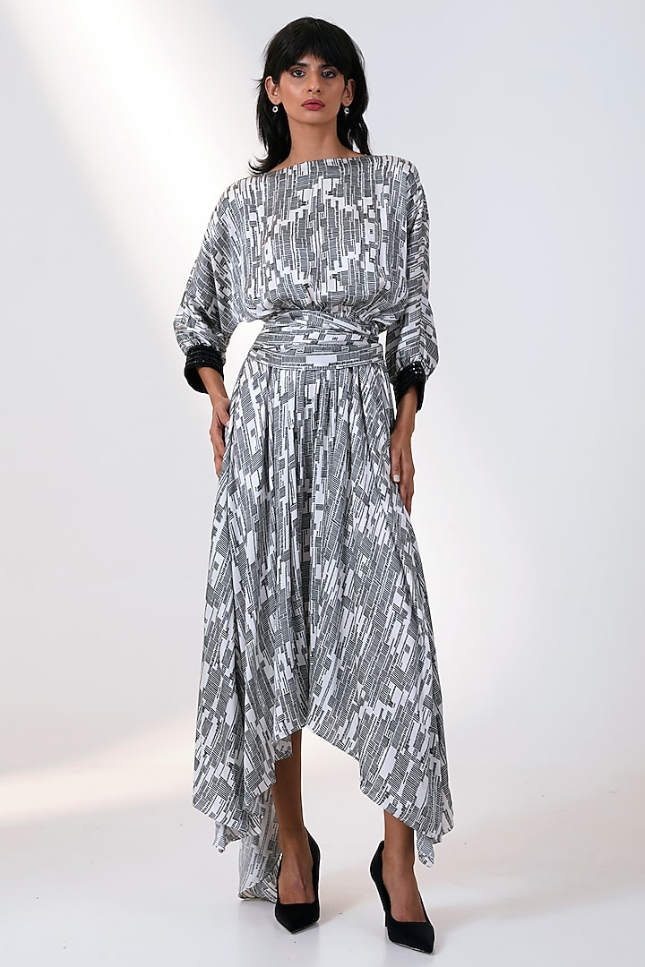 Grey Modal Satin Printed Spiked Dress by MADDER MUCH at Pernia's Pop Up Shop