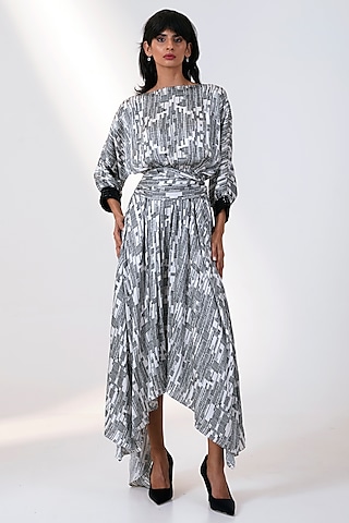 Grey Modal Satin Printed Spiked Dress by MADDER MUCH
