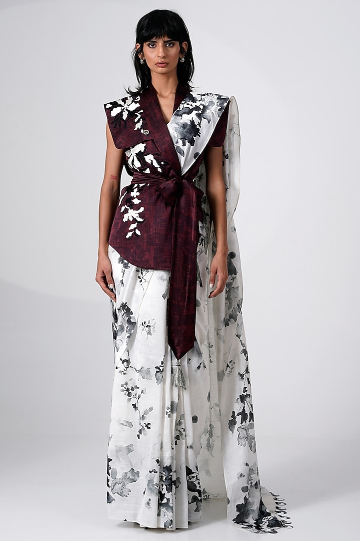 White & Black Chanderi Silk Floral Printed Saree by MADDER MUCH at Pernia's Pop Up Shop