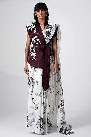White & Black Chanderi Silk Floral Printed Saree by MADDER MUCH