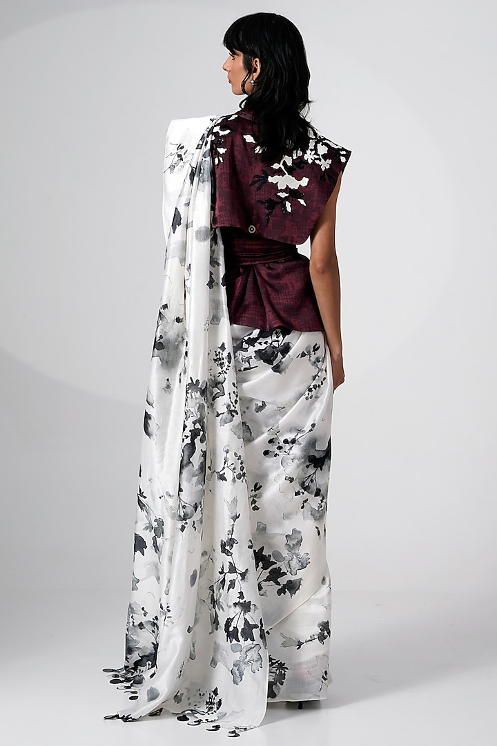 White & Black Chanderi Silk Floral Printed Party Wear Saree by MADDER MUCH at Pernia's Pop Up Shop