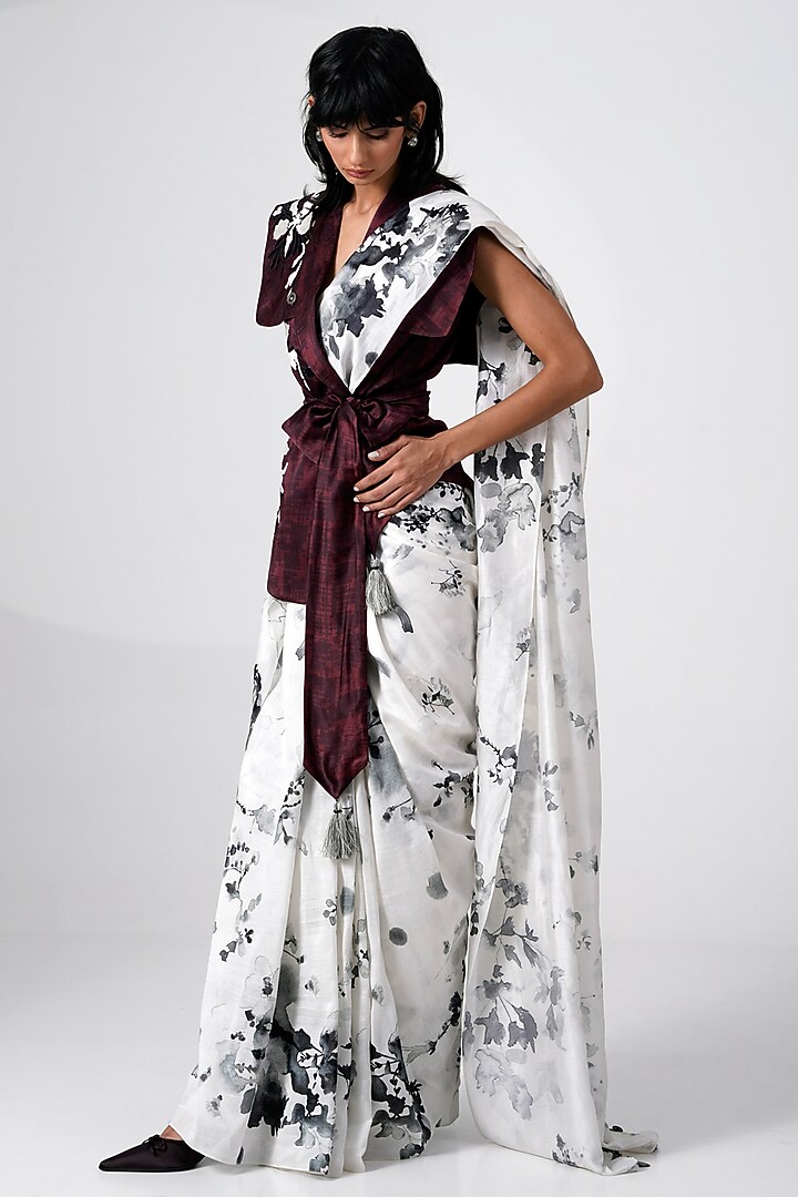 White & Black Chanderi Silk Floral Printed Party Wear Saree by MADDER MUCH at Pernia's Pop Up Shop