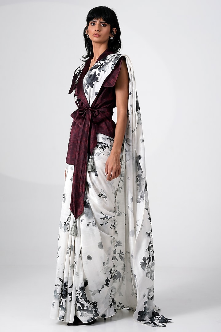 White & Black Chanderi Silk Floral Printed Party Wear Saree by MADDER MUCH at Pernia's Pop Up Shop