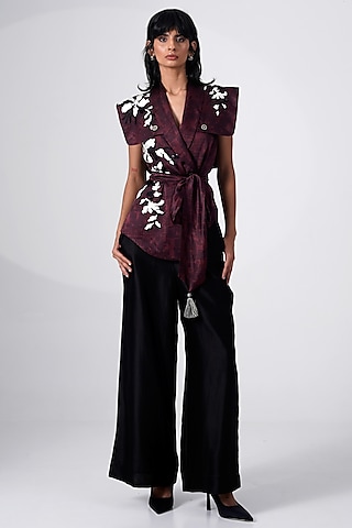 Brown Modal Satin Printed Safari Jacket Set by MADDER MUCH