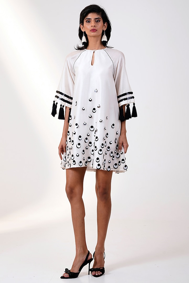 White & Black Chanderi Silk Mini Beetle Dress by MADDER MUCH at Pernia's Pop Up Shop