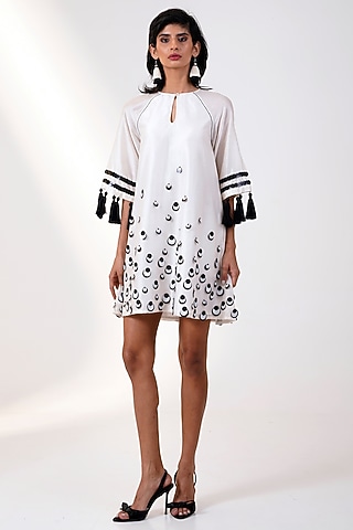 White & Black Chanderi Silk Mini Beetle Dress by MADDER MUCH