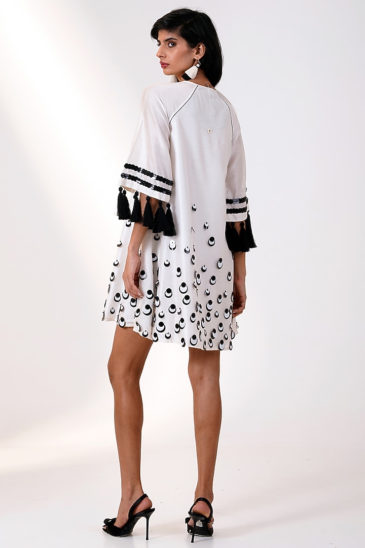 White & Black Chanderi Silk Mini Beetle Vacation Dress by MADDER MUCH at Pernia's Pop Up Shop