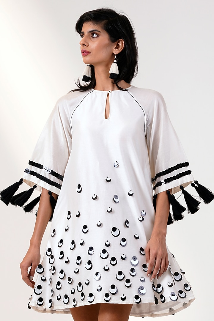 White & Black Chanderi Silk Mini Beetle Vacation Dress by MADDER MUCH at Pernia's Pop Up Shop
