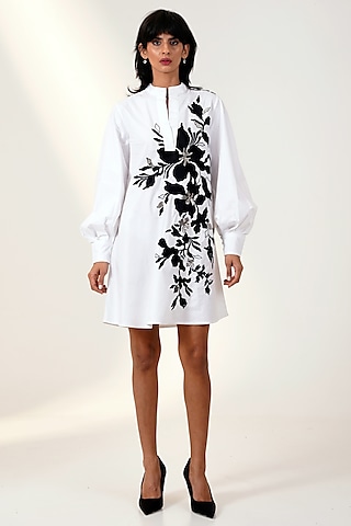 White & Black Poplin Cotton Mini Prism Dress by MADDER MUCH