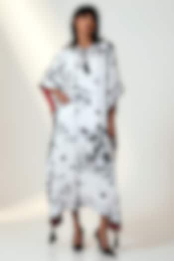 White Modal Satin & Chanderi Silk Printed Kaftan by MADDER MUCH at Pernia's Pop Up Shop