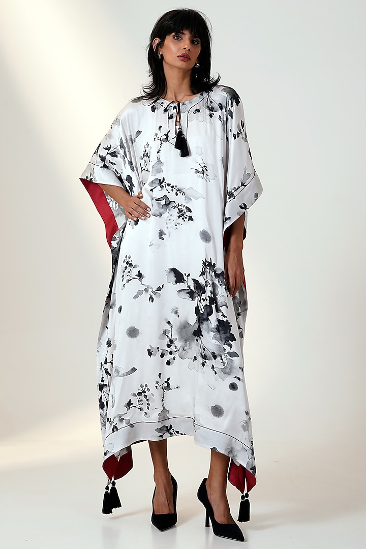 White Modal Satin & Chanderi Silk Printed Kaftan by MADDER MUCH at Pernia's Pop Up Shop